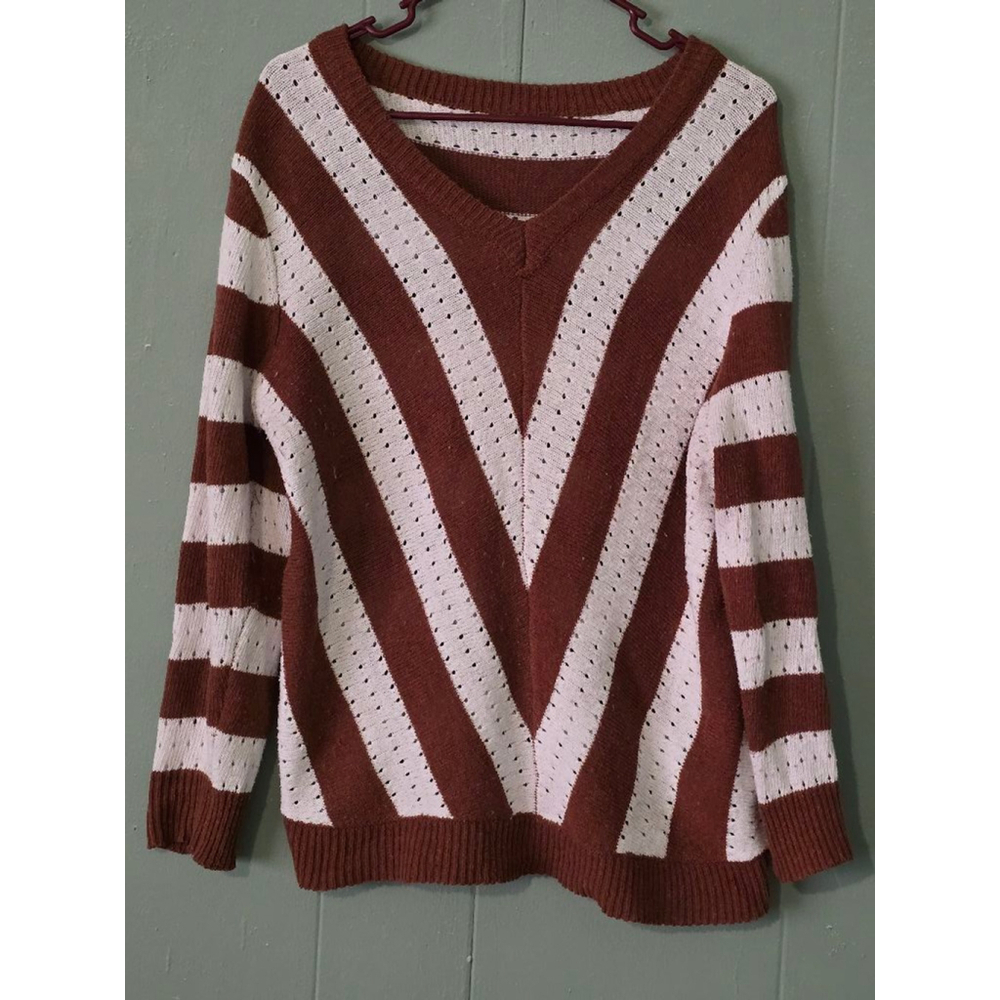 Classic V-Neck Striped Sweater in Brown and Cream